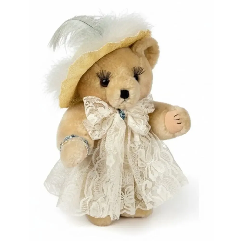 Country Cozy's Born to Shop Vintage 90s Jointed Bear Lace Dress Feather Hat 12